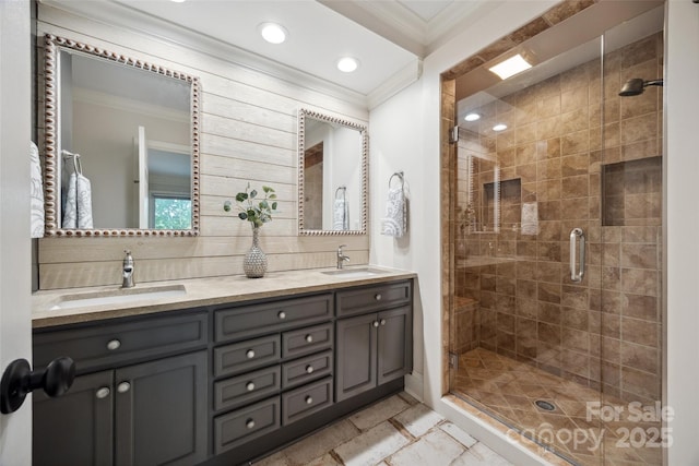2004 Marquesas Ave, Tega Cay, SC 29708 - full bathroom with crown molding, a shower stall, double vanity, backsplash, and recessed lighting
