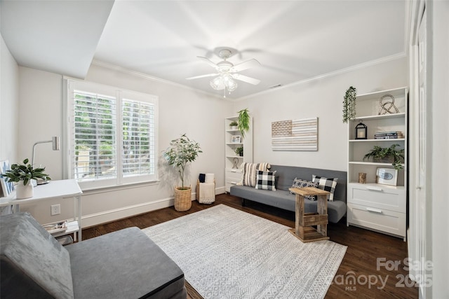 2004 Marquesas Ave, Tega Cay, SC 29708 - living area with dark wood-type flooring, ceiling fan, and crown molding