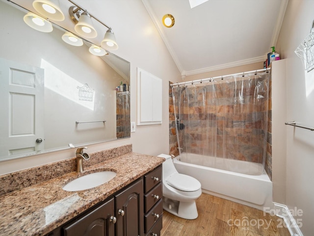 2442 Singleton Pt Unit 67, Liberty Hill, SC 29074 - bathroom featuring crown molding, vanity, shower / bath combo with shower curtain, and wood finished floors