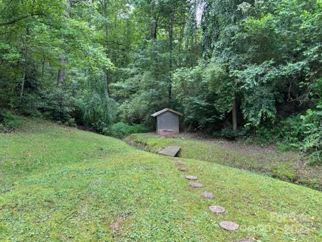 2070 Cashiers Valley Rd, Brevard, NC 28712 - view of green lawn featuring a storage shed and a view of trees