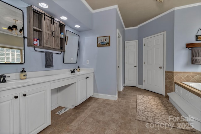 2790 Twin Oaks Dr, Morganton, NC 28655 - full bath featuring crown molding, double vanity, a bath, and recessed lighting