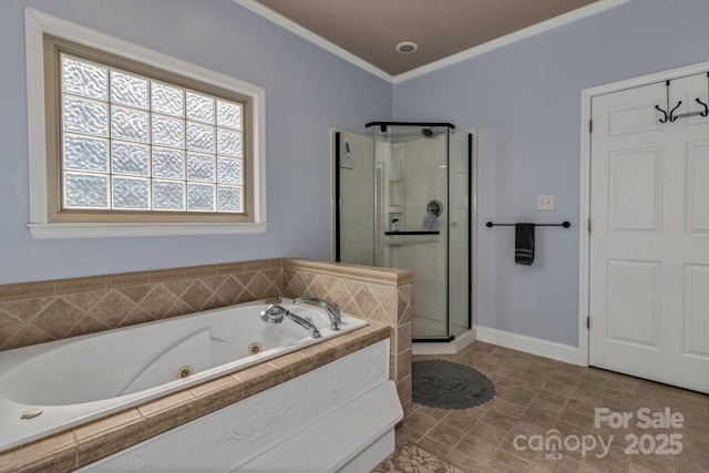 2790 Twin Oaks Dr, Morganton, NC 28655 - bathroom featuring a shower stall, a jetted tub, and crown molding