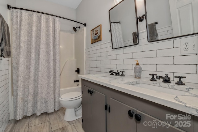 2790 Twin Oaks Dr, Morganton, NC 28655 - bathroom featuring shower / tub combo, double vanity, and decorative backsplash