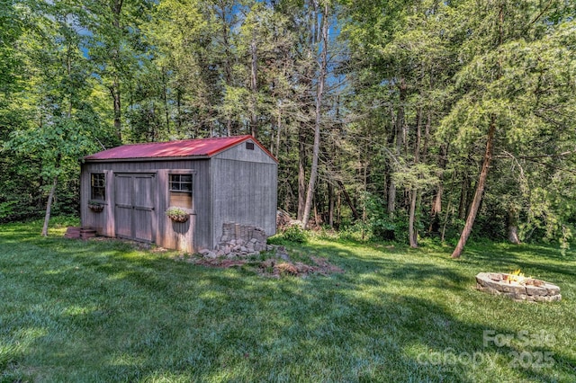 2790 Twin Oaks Dr, Morganton, NC 28655 - view of shed with an outdoor fire pit and a wooded view
