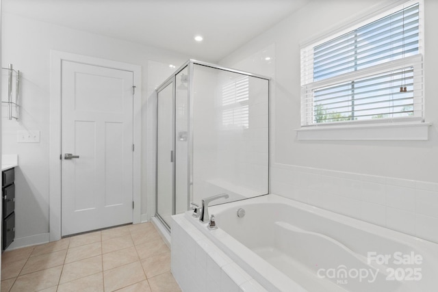 207 Welcombe St, Mooresville, NC 28115 - bathroom with a bath, a stall shower, vanity, tile patterned flooring, and recessed lighting