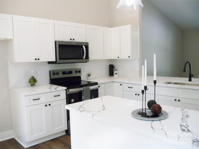 1802 Cooper Ave, Kannapolis, NC 28081 - kitchen featuring appliances with stainless steel finishes, a sink, white cabinets, light stone counters, and dark wood-style flooring