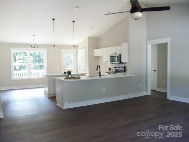 1802 Cooper Ave, Kannapolis, NC 28081 - kitchen featuring stainless steel microwave, range with electric stovetop, a sink, a ceiling fan, and dark wood-style flooring