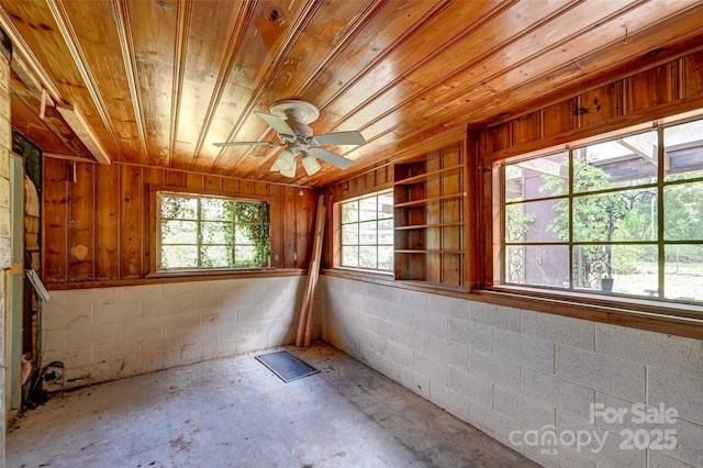 3960 Old Clyde Rd, Clyde, NC 28721 - unfurnished room with wood ceiling, concrete block wall, a ceiling fan, and unfinished concrete flooring