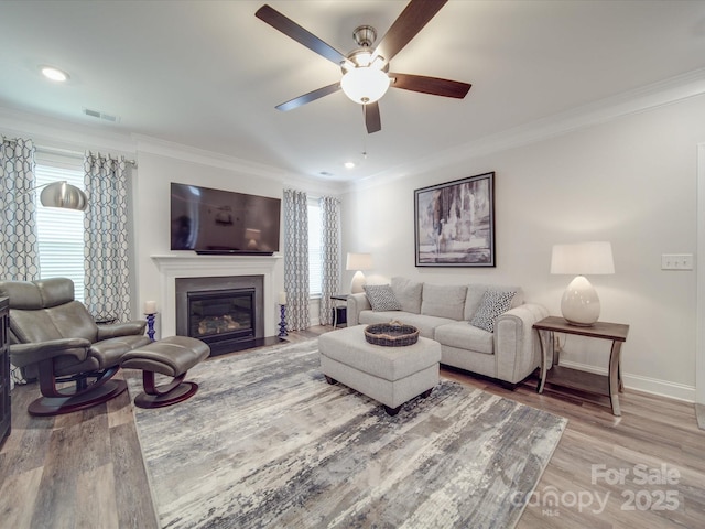 647 R L Stowe Rd, Belmont, NC 28012 - living area featuring crown molding, a ceiling fan, a glass covered fireplace, wood finished floors, and baseboards