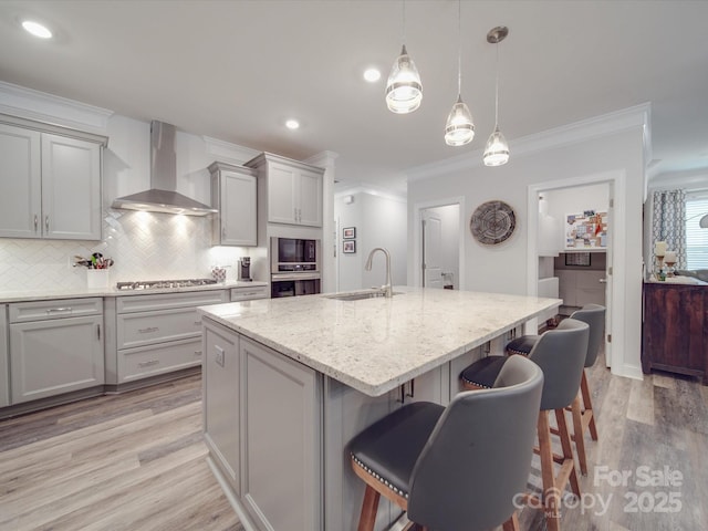 647 R L Stowe Rd, Belmont, NC 28012 - kitchen with wall chimney range hood, a sink, crown molding, a kitchen bar, and backsplash