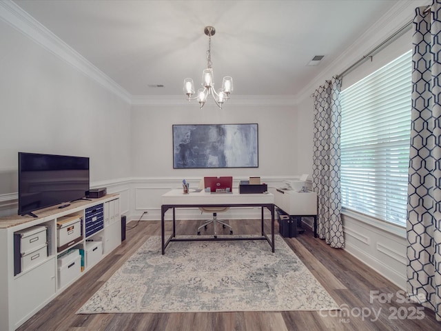 647 R L Stowe Rd, Belmont, NC 28012 - office space with a chandelier, crown molding, wood finished floors, wainscoting, and a decorative wall