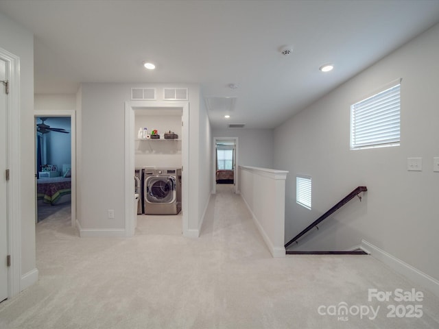 647 R L Stowe Rd, Belmont, NC 28012 - corridor featuring an upstairs landing, independent washer and dryer, carpet floors, baseboards, and recessed lighting