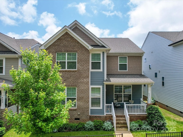 647 R L Stowe Rd, Belmont, NC 28012 - view of front of house featuring crawl space, a porch, brick siding, and a shingled roof
