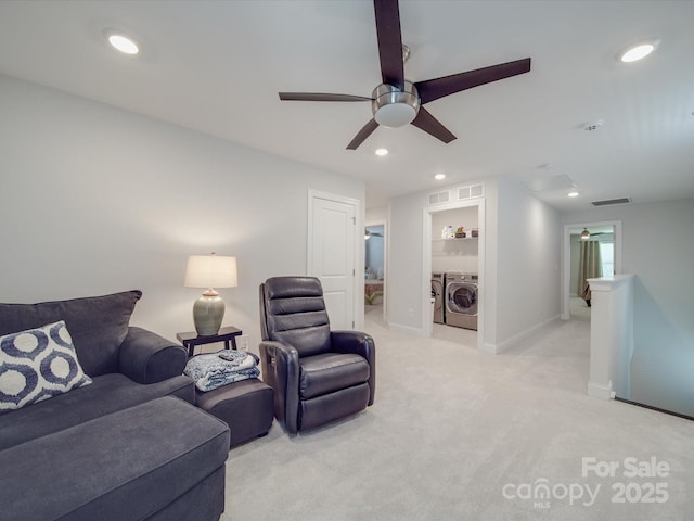 647 R L Stowe Rd, Belmont, NC 28012 - living room featuring ceiling fan, washing machine and clothes dryer, light carpet, recessed lighting, and baseboards