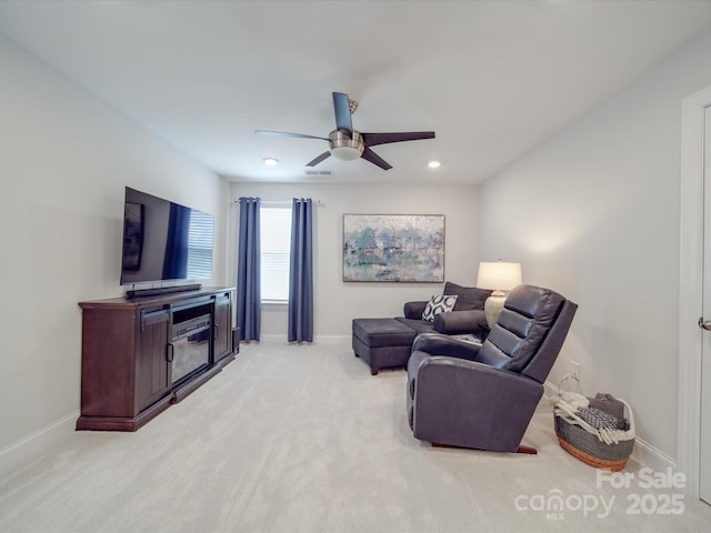 647 R L Stowe Rd, Belmont, NC 28012 - living room with baseboards, ceiling fan, light colored carpet, and recessed lighting