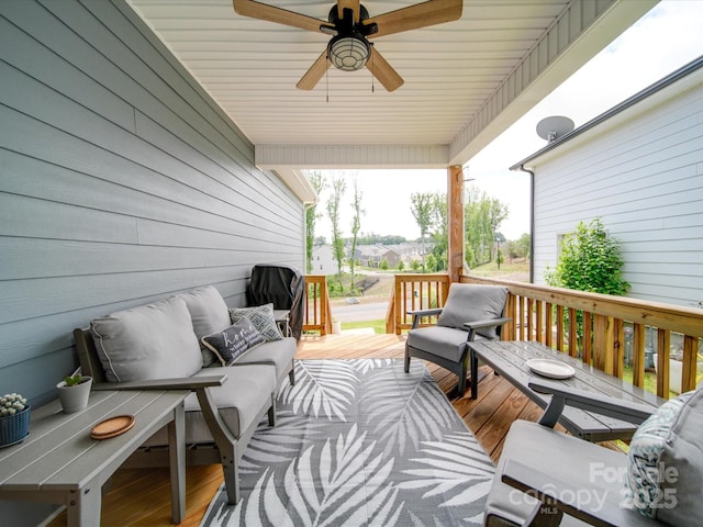 647 R L Stowe Rd, Belmont, NC 28012 - deck featuring an outdoor hangout area and a ceiling fan