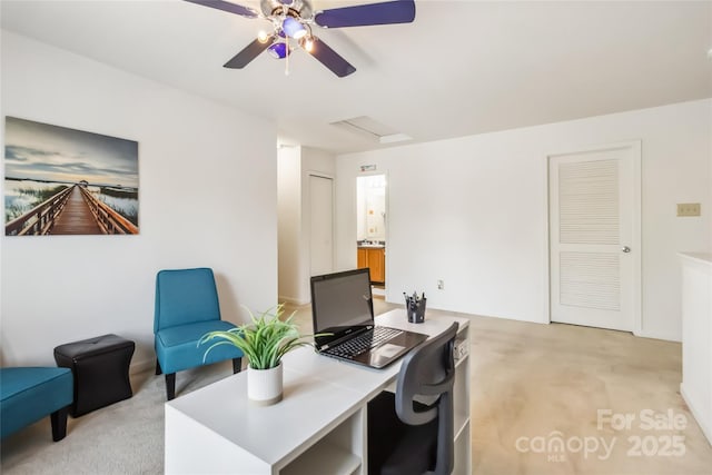 925 Skywatch Ln, Monroe, NC 28112 - office area featuring a ceiling fan, light colored carpet, and attic access