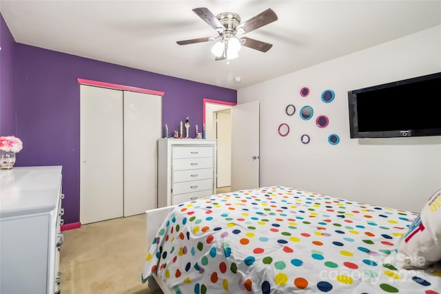 925 Skywatch Ln, Monroe, NC 28112 - bedroom with light carpet, a closet, and a ceiling fan