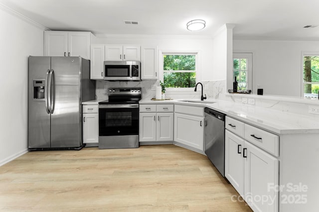 9513 Saddle Run Trl, Charlotte, NC 28269 - kitchen featuring stainless steel appliances, a sink, crown molding, healthy amount of natural light, and a peninsula