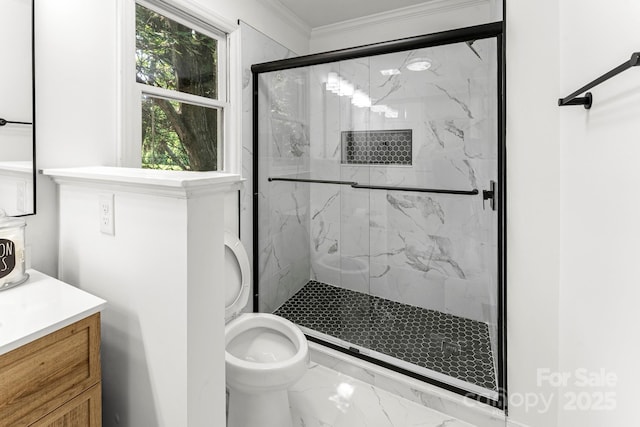 9513 Saddle Run Trl, Charlotte, NC 28269 - full bath with marble finish floors, a marble finish shower, crown molding, vanity, and toilet