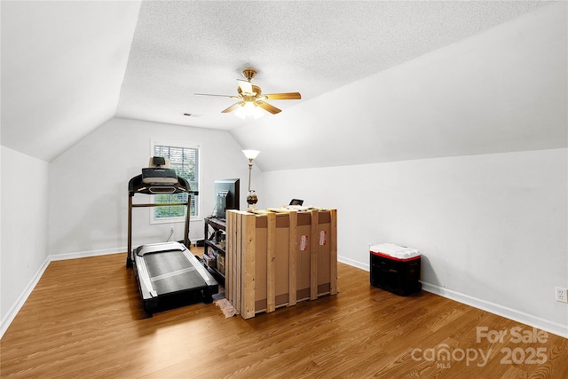 1530 Danlee Dr, Lancaster, SC 29720 - workout area with wood finished floors, ceiling fan, vaulted ceiling, and a textured ceiling