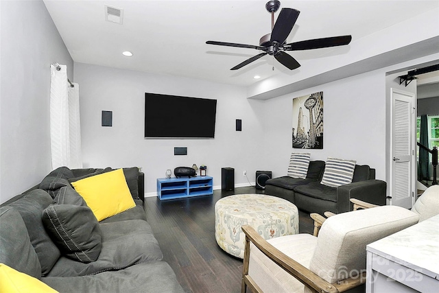 7434 Dover Mill Ln SW, Concord, NC 28025 - living area featuring wood finished floors, recessed lighting, ceiling fan, and baseboards