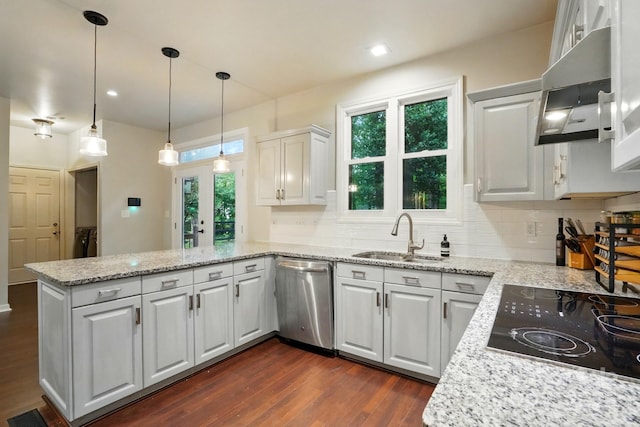 8708 Piccone Brook Ln, Charlotte, NC 28216 - kitchen featuring dishwasher, a sink, a peninsula, exhaust hood, and dark wood-style flooring