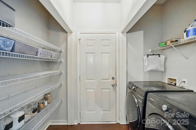 8708 Piccone Brook Ln, Charlotte, NC 28216 - laundry room featuring separate washer and dryer, dark wood-style floors, and baseboards