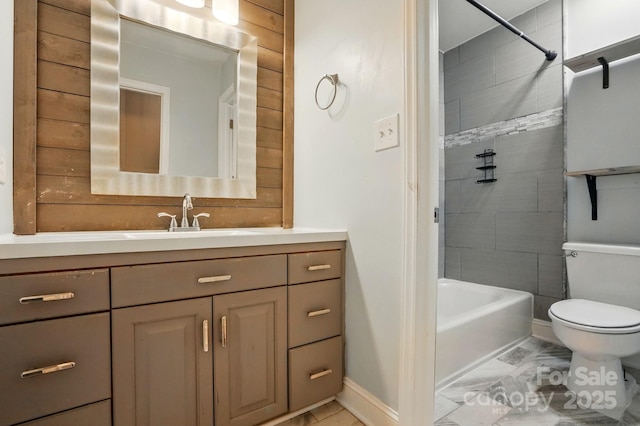 8708 Piccone Brook Ln, Charlotte, NC 28216 - bathroom featuring toilet, vanity, shower / washtub combination, baseboards, and marble finish floors