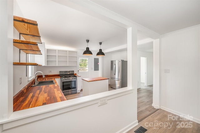 3595 Mt Holly Rd, Edgemoor, SC 29712 - kitchen with stainless steel appliances, butcher block countertops, a sink, open shelves, and electric panel