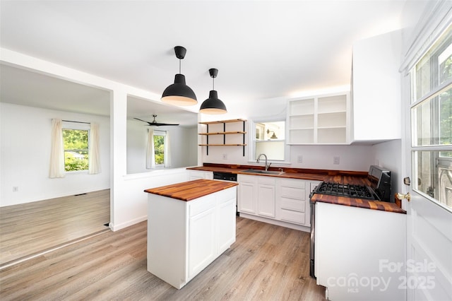 3595 Mt Holly Rd, Edgemoor, SC 29712 - kitchen with butcher block countertops, open shelves, a sink, light wood-style flooring, and white cabinetry