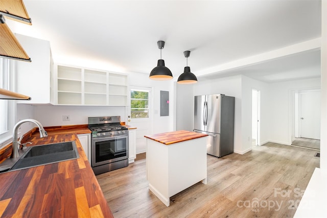 3595 Mt Holly Rd, Edgemoor, SC 29712 - kitchen featuring wood counters, appliances with stainless steel finishes, open shelves, a sink, and white cabinetry