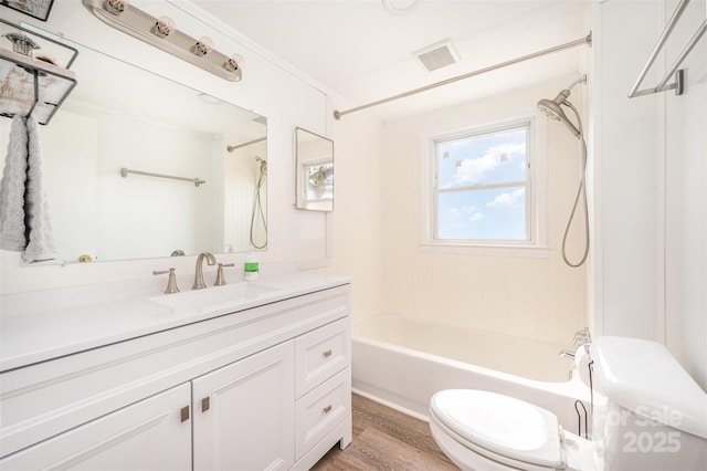 3595 Mt Holly Rd, Edgemoor, SC 29712 - bathroom featuring toilet, vanity, washtub / shower combination, and wood finished floors