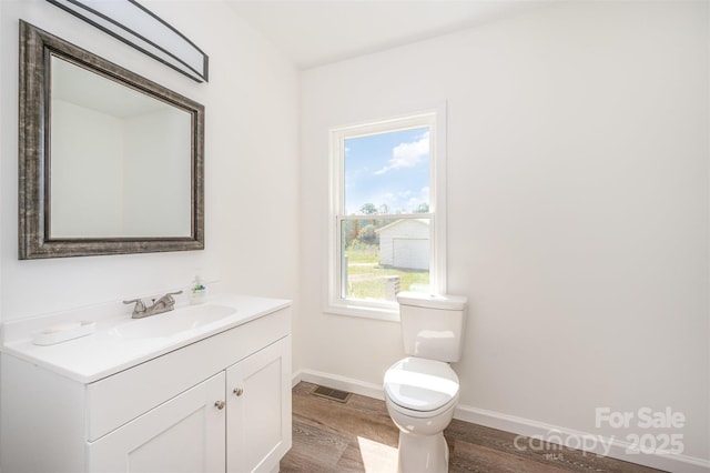 3595 Mt Holly Rd, Edgemoor, SC 29712 - bathroom featuring wood finished floors, toilet, vanity, baseboards, and plenty of natural light