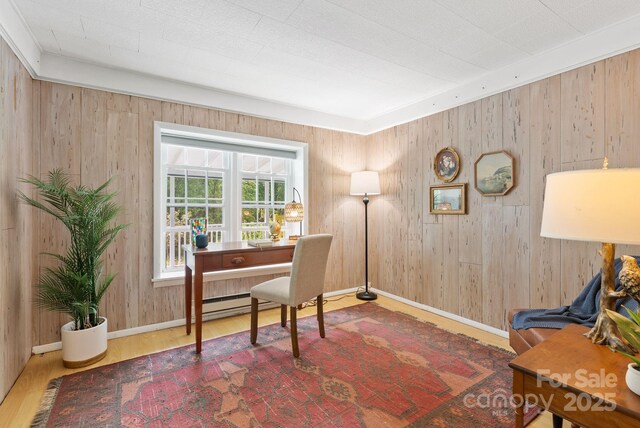 20 Pickens Ln, Weaverville, NC 28787 - home office with baseboards, wood walls, wood finished floors, and a baseboard heating unit