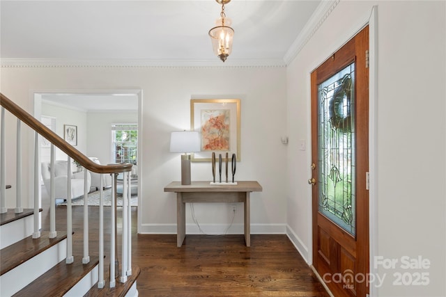 7213 Lancer Dr, Charlotte, NC 28226 - entryway with stairs, baseboards, wood finished floors, and crown molding