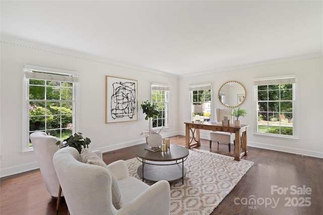 7213 Lancer Dr, Charlotte, NC 28226 - living room featuring baseboards, a desk, dark wood-style flooring, and ornamental molding
