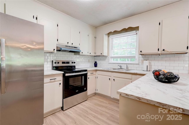 3043 Charles Rd, Shelby, NC 28152 - kitchen featuring stainless steel appliances, under cabinet range hood, a sink, ornamental molding, and light wood-style flooring