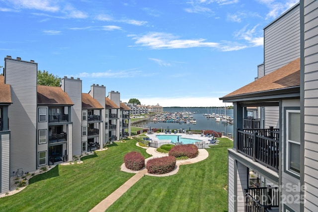 18853 Vineyard Point Ln, Cornelius, NC 28031 - view of grassy yard with a water view and an outdoor pool
