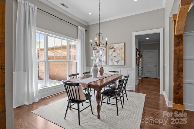 2341 Shiny Leaf Dr, Denver, NC 28037 - dining area with plenty of natural light, ornamental molding, a chandelier, wood finished floors, and recessed lighting