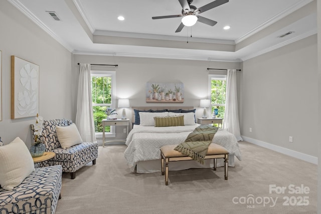 2341 Shiny Leaf Dr, Denver, NC 28037 - bedroom featuring light carpet, a raised ceiling, crown molding, recessed lighting, and a ceiling fan