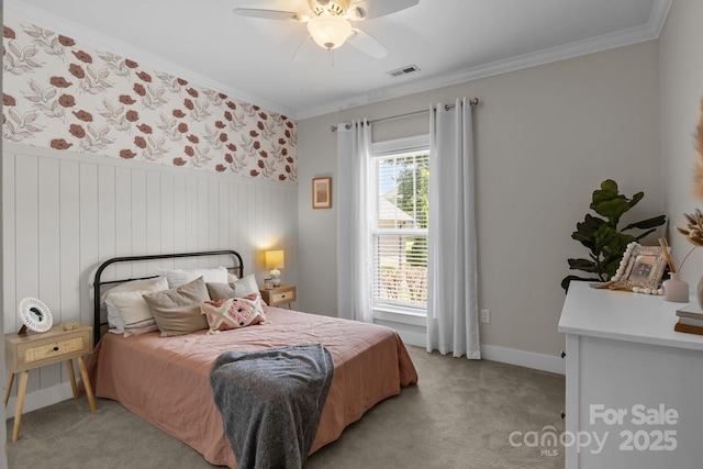 2341 Shiny Leaf Dr, Denver, NC 28037 - bedroom featuring ornamental molding, a wainscoted wall, light carpet, and ceiling fan