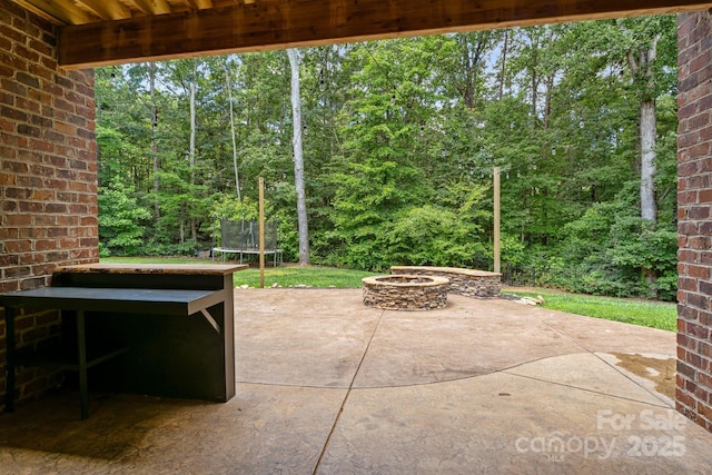 2341 Shiny Leaf Dr, Denver, NC 28037 - view of patio / terrace featuring a trampoline, an outdoor fire pit, and a view of trees