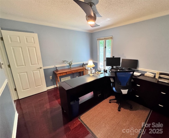 67 Cliffview Dr, Asheville, NC 28803 - home office with ornamental molding, a textured ceiling, and a ceiling fan