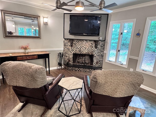 67 Cliffview Dr, Asheville, NC 28803 - living area with a ceiling fan, ornamental molding, wood finished floors, a fireplace, and baseboards