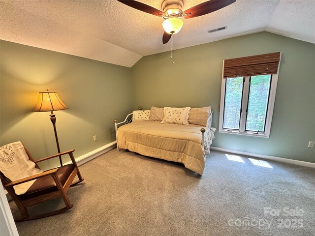 67 Cliffview Dr, Asheville, NC 28803 - carpeted bedroom with vaulted ceiling, a textured ceiling, baseboards, and ceiling fan