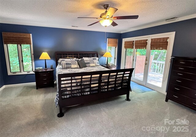67 Cliffview Dr, Asheville, NC 28803 - carpeted bedroom with access to exterior, a textured ceiling, ornamental molding, ceiling fan, and baseboards