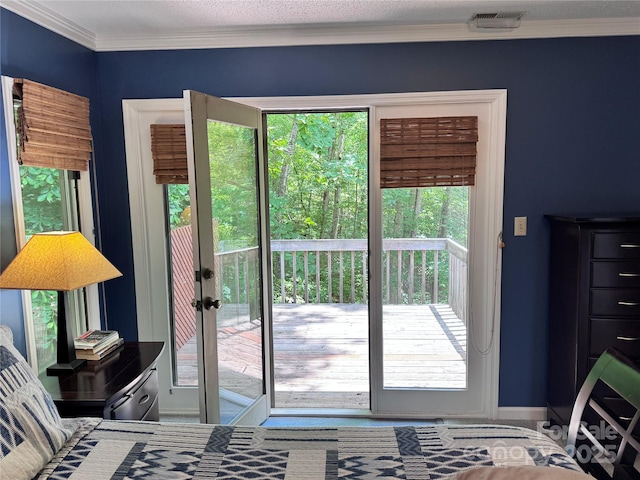 67 Cliffview Dr, Asheville, NC 28803 - bedroom with access to outside, crown molding, baseboards, and french doors