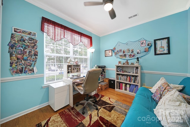 635 Brickdust Ct, Fort Mill, SC 29708 - office area with crown molding, ceiling fan, and wood finished floors