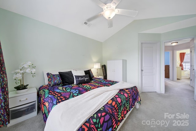 635 Brickdust Ct, Fort Mill, SC 29708 - bedroom featuring light carpet, lofted ceiling, and ceiling fan